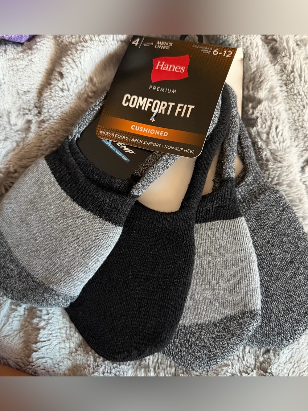 Men’s Hanes Premium Comfort Fit No-Show Socks - Black & Gray 4 pairs 6-12 NWT